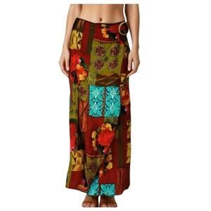 Hawaiian Maxi Skirt Size XS Wrap Patchwork Moana Boho Rattan‎ Buckle Vintage